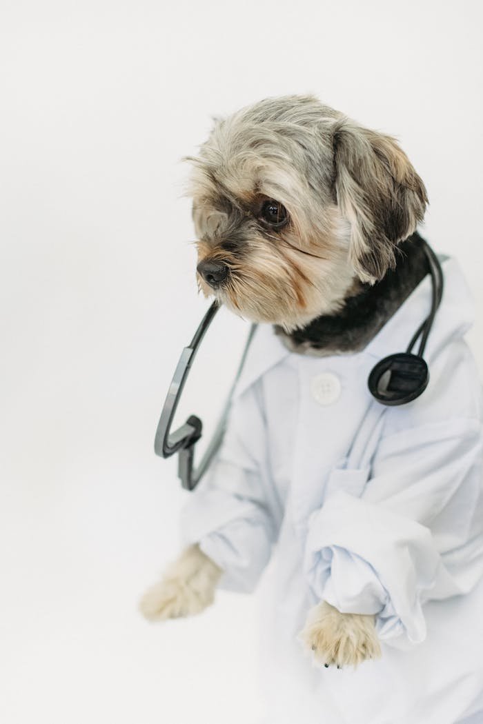 Little purebred dog with stethoscope wearing white medical outfit looking away on white background